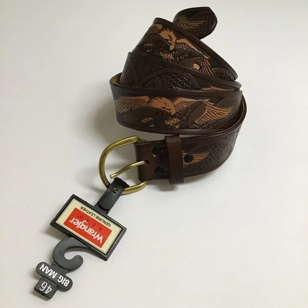 Wrangler EAGLE Leather Belt SZ 46 Western Men Embossed 100% Brown Tan Rodeo NEW